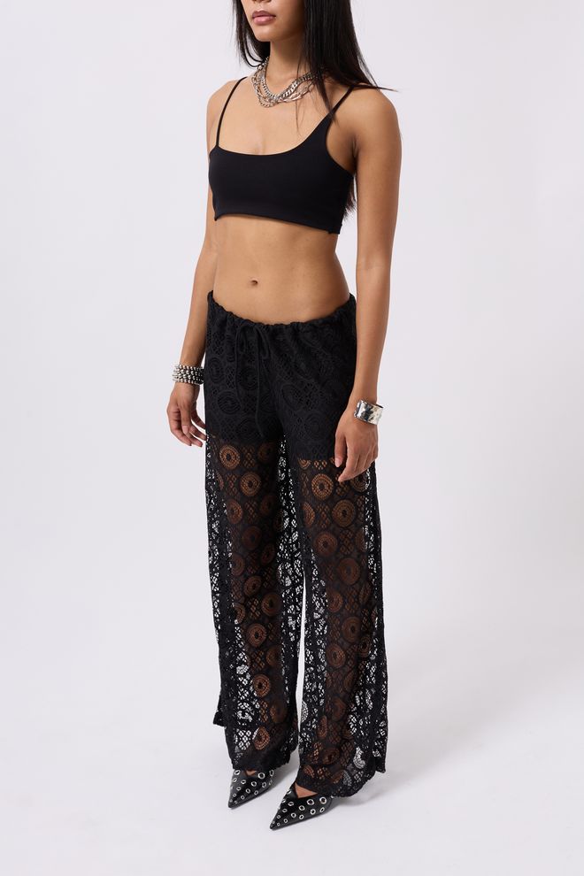 Black Fashion Pantalone Sa Čipkanim Strukom Crne Велепродаја одеће Неформалан