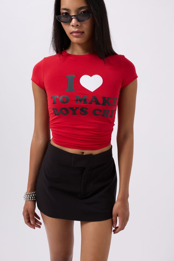 Black Fashion Nakış Detay Baskılı Crop T shirt Kırmızı Toptan Giyim Gündelik