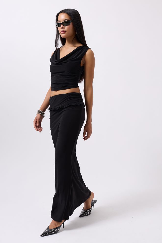 Black Fashion Maxi rok Met Opklapbare Tailledetails Zwart Groothandel Kleding Casual