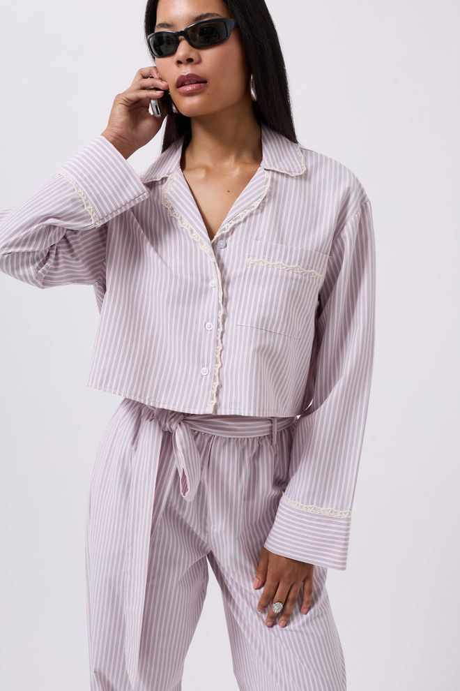 Black Fashion Çizgili Cep Detay Crop Gömlek Pembe Toptan Giyim Gündelik