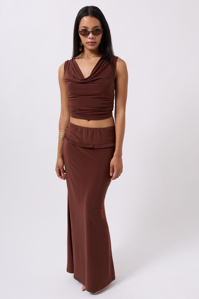 Black Fashion Maxi rok Met Vouwdetail In De Taille Bruin Groothandel Kleding Casual