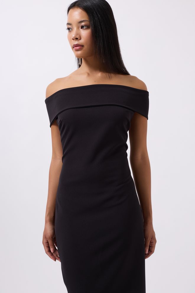 Black Fashion Omuz Katlama Detay Maxi Elbise Siyah Toptan Giyim Gündelik