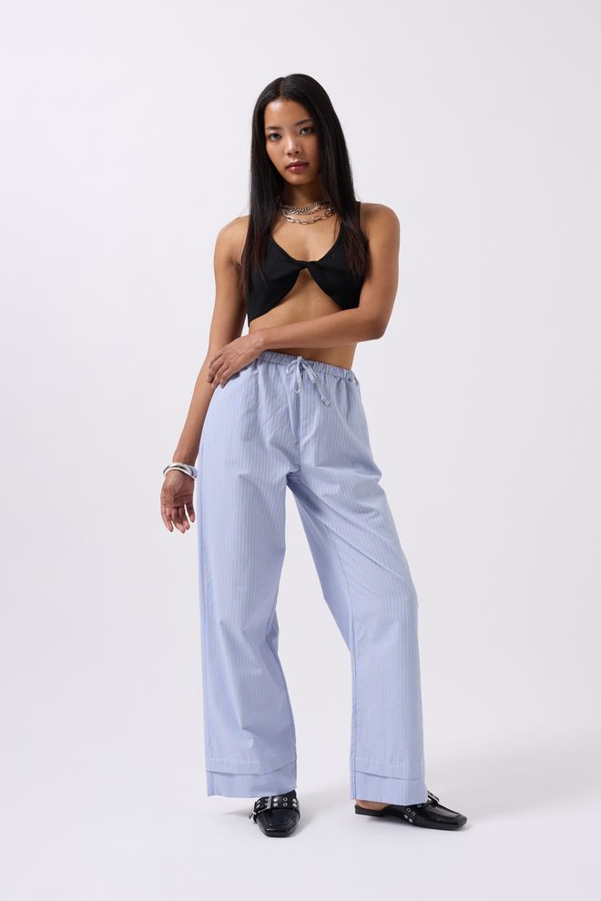 Black Fashion Striped Waist Elastic Pants Blue Wholesale Clothing Casual