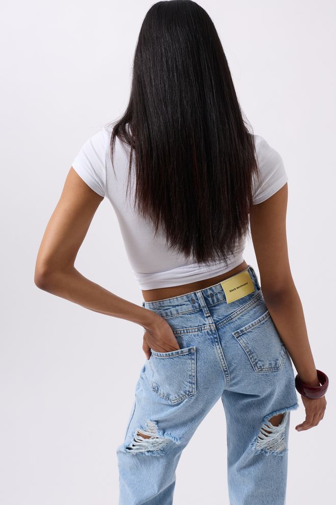 ESPADA Blue Mom Jeans High Waist Straight Leg Wholesale Clothing Cotton