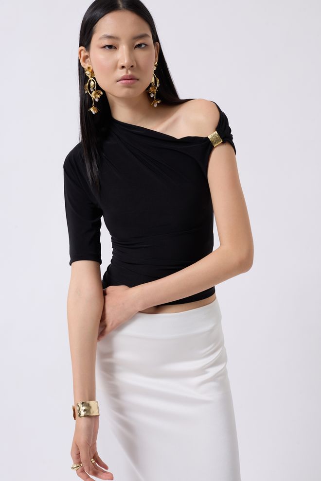 Black Fashion Izrezana Bluza Sa Detaljima Dodataka Crna Велепродаја одеће Неформалан