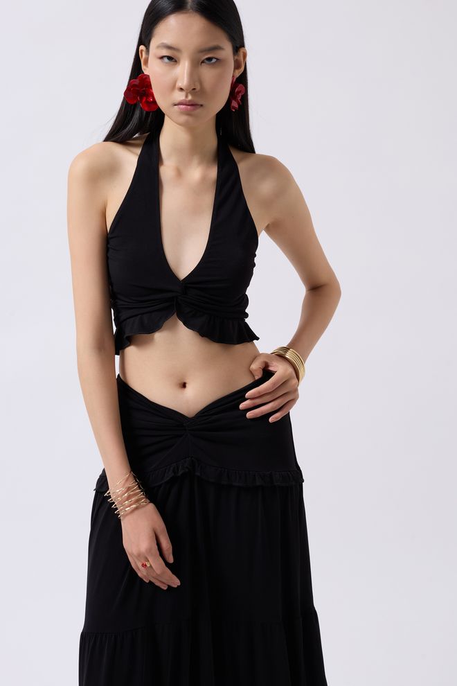 Black Fashion Ruffled Crop Sa Detaljima Čvora Crna Велепродаја одеће Плажа