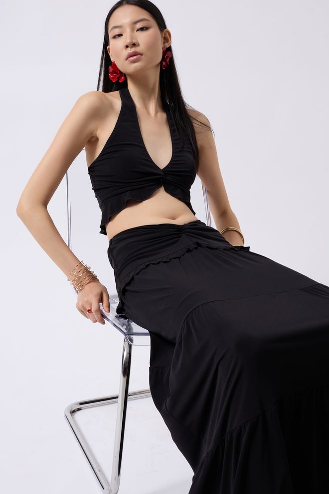 Black Fashion Ruffled Crop Sa Detaljima Čvora Crna Велепродаја одеће Секси