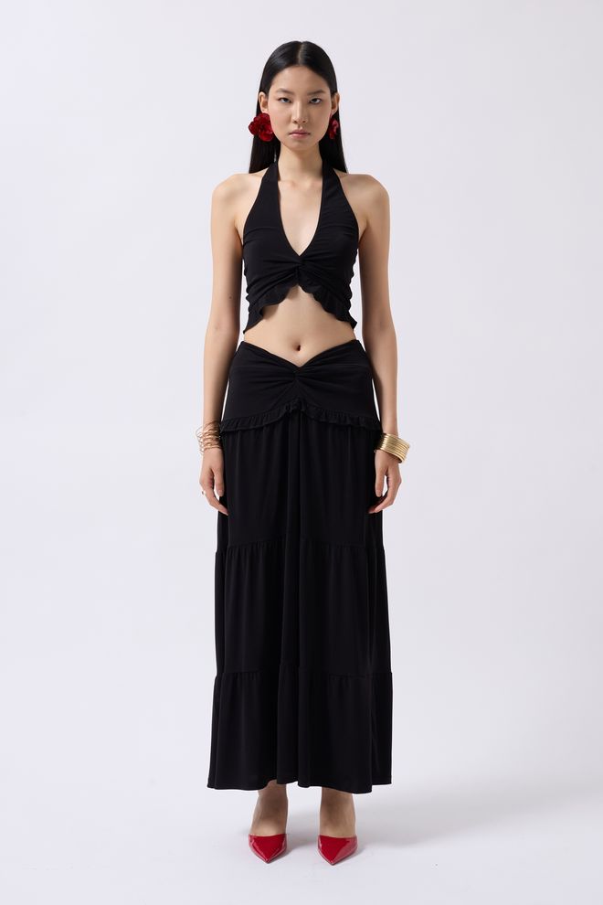 Black Fashion Ruffled Crop Sa Detaljima Čvora Crna Велепродаја одеће Полиестер