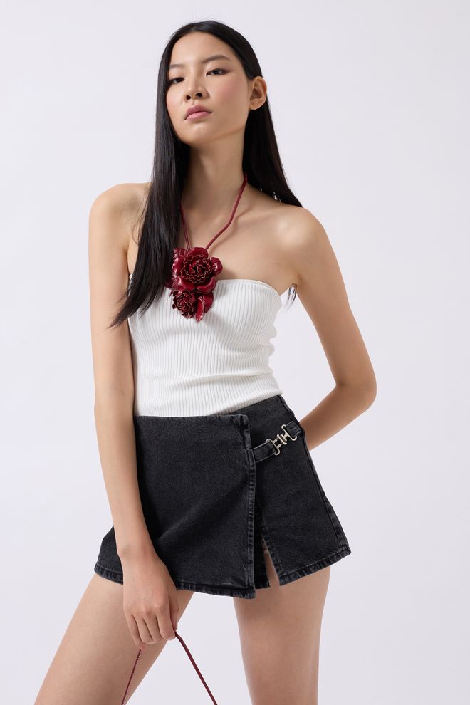 Black Fashion Jupe Courte En Jean À Détail De Ceinture Noire Vêtements en gros Décontracté