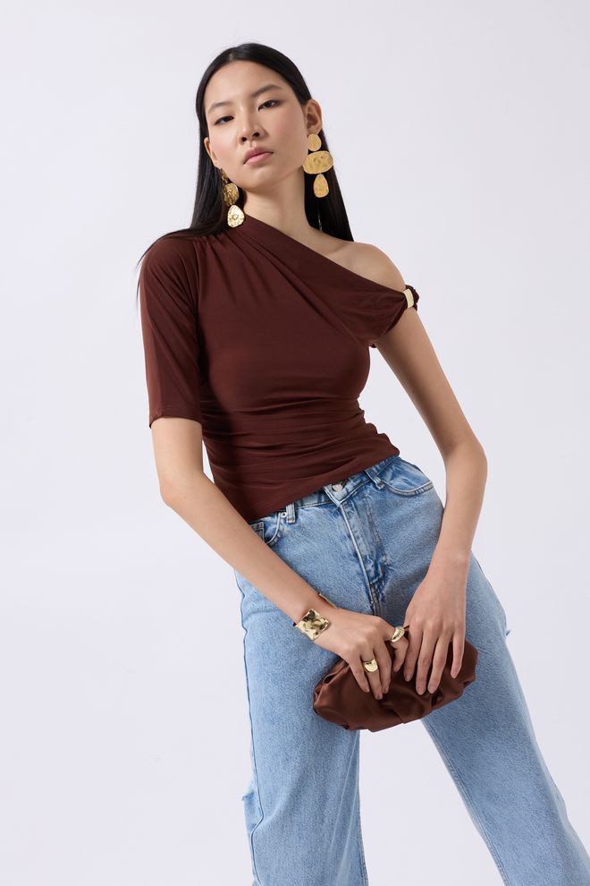 Black Fashion Μπλούζα Με Λεπτομέρεια Αξεσουάρ Καφέ Χονδρικό εμπόριο ενδυμάτων Casual