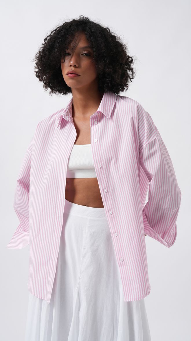 Black Fashion Camisa Rosa De Rayas Casual Con Botones Ropa al por mayor Casual