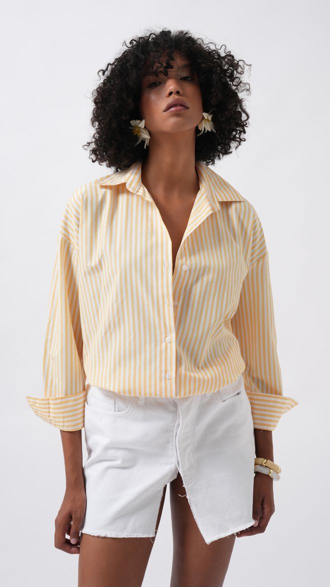 Black Fashion Camisa Casual Amarilla A Rayas Con Cierre Abotonado Ropa al por mayor Casual