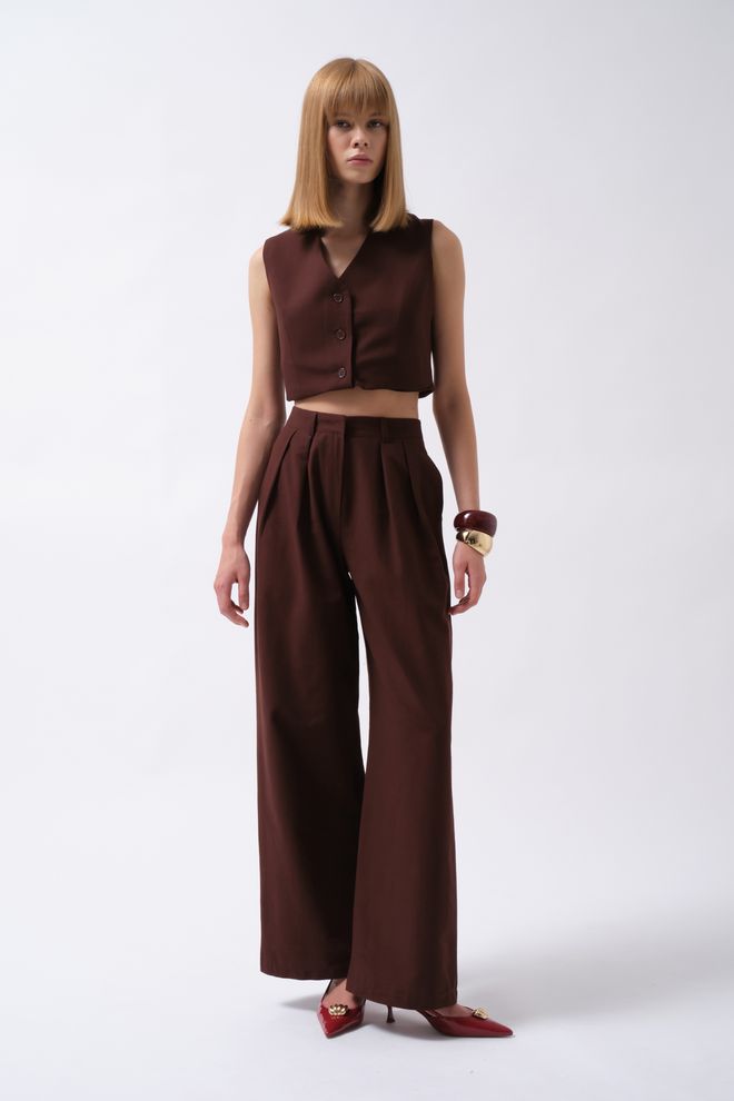 ESPADA Brown Elegant Palazzo Pants Wholesale Clothing Work