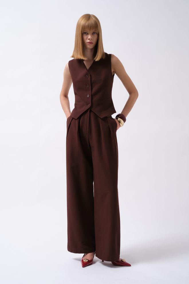 ESPADA Brown Elegant Palazzo Pants Wholesale Clothing 1