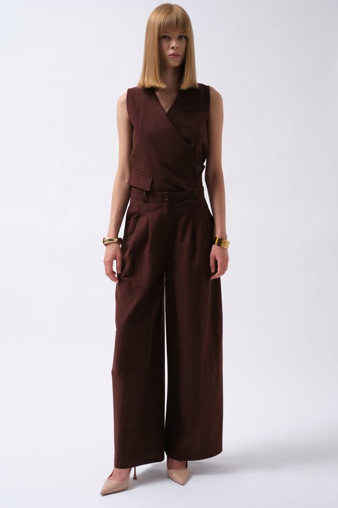 Black Fashion Bruine Palazzo Broek Met Wijde Pijp En Geknoopte Sluiting Groothandel Kleding Casual