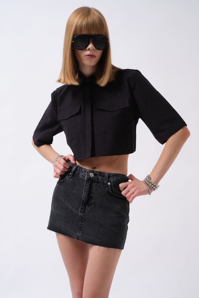 Black Fashion Черна Мини Бодикон Пола С Копчета Дрехи на едро Небрежен