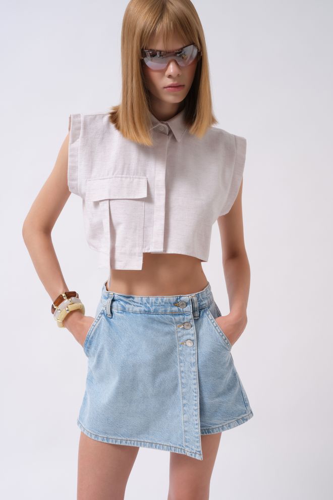 Black Fashion Beige Casual Polohals Mouwloze Cropped Shirt Groothandel Kleding Casual