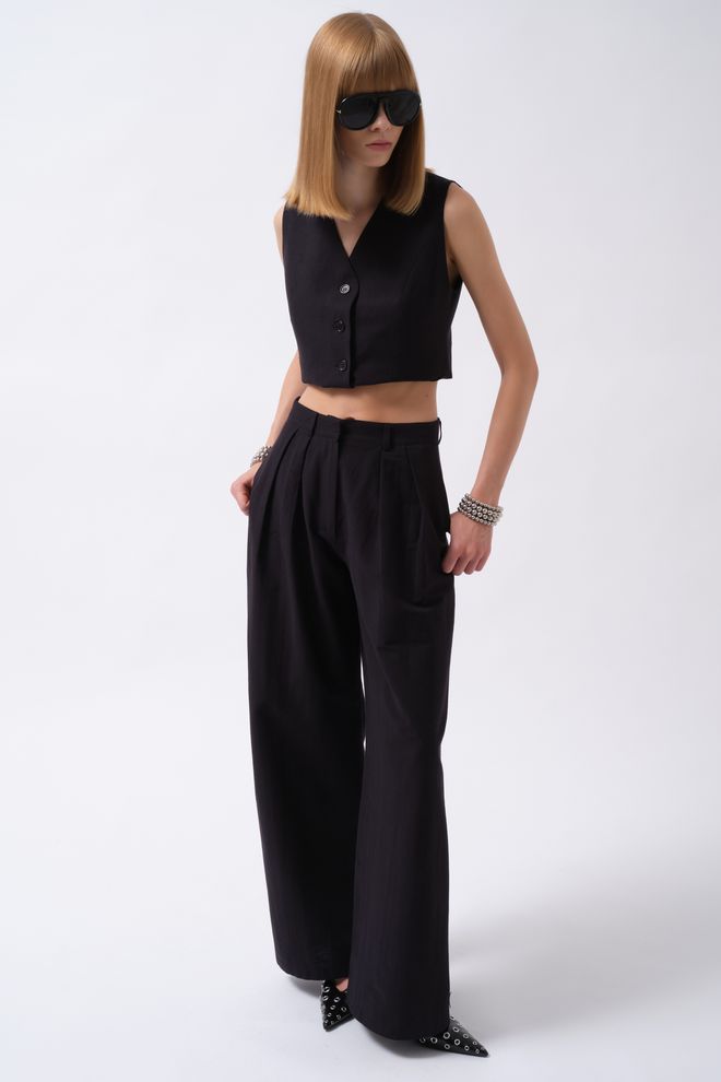 Black Fashion Zwarte Elegante Formele Vintage Palazzo Broek Met Wijde Pijpen En Mid rise Taille Groothandel Kleding Vintage