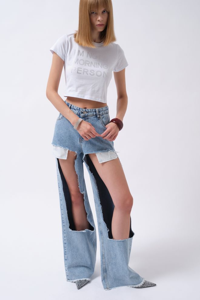 Black Fashion جينز أزرق موم عالي الخصر ساق واسعة طويل ملابس بالجملة غير رسمي