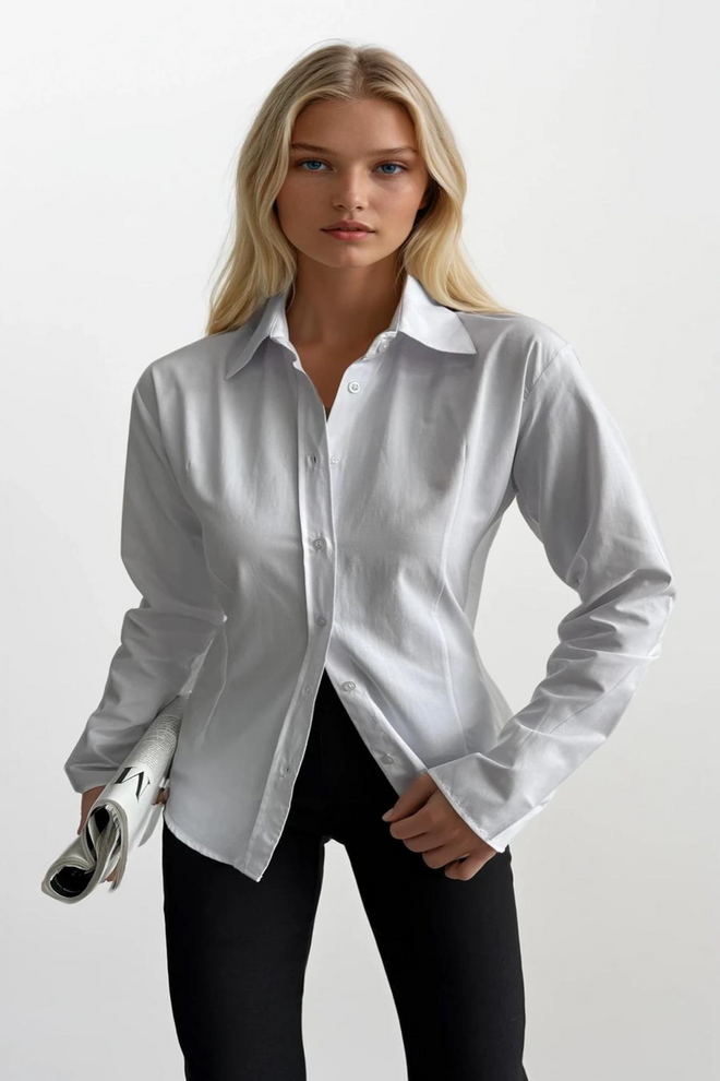 Black Fashion Elegant White Shirt With Notched Neck & Fitted Fit Wholesale Clothing Casual