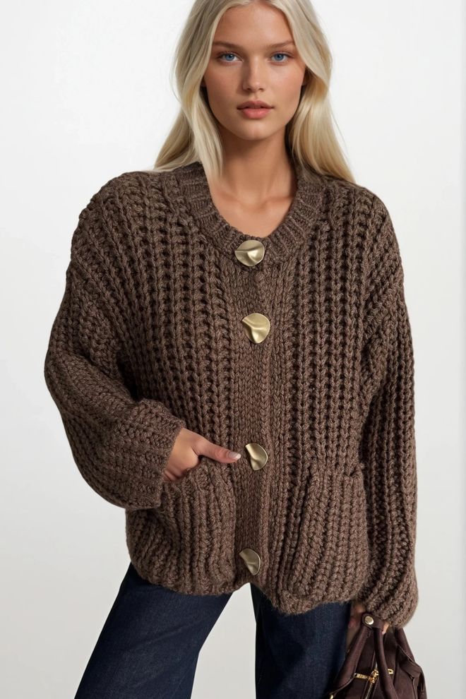 Black Fashion Rudas Kardiganas Oversized Modelis Su Įsiūta Kišene Didmeninė prekyba drabužiais Kokteilinė