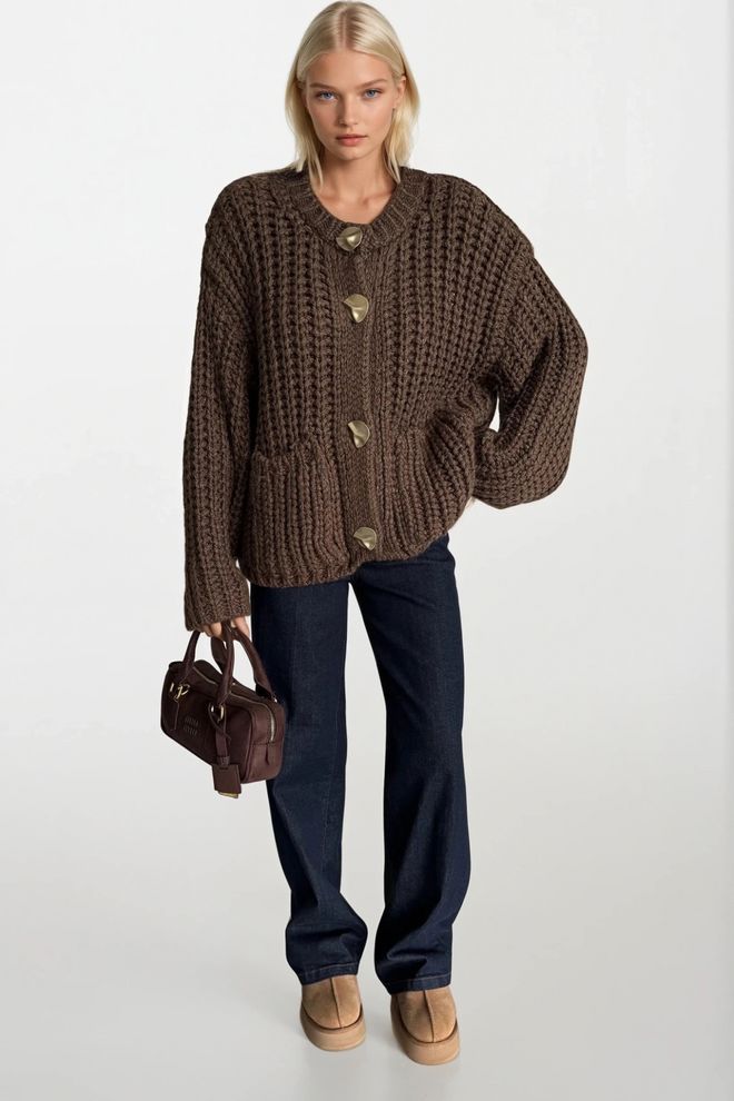 Black Fashion Brown Cardigan Oversized Fit With Patch Pocket Wholesale Clothing 1