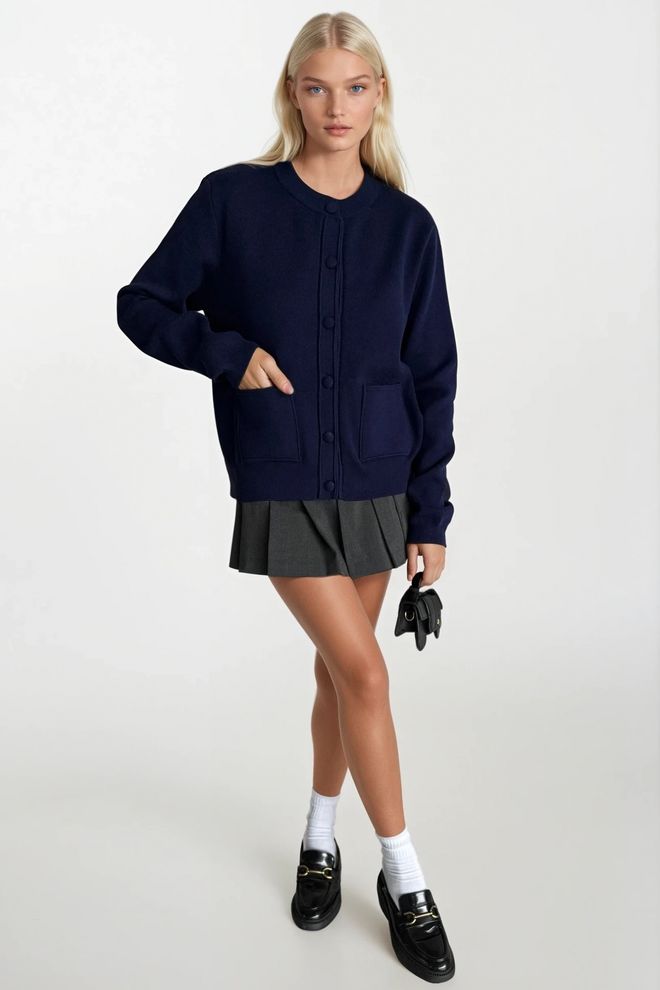 Black Fashion Kardiganas Tamsiai Mėlyna Preppy Casual Elegantiškas Su Sagomis Ir Kišenė Mis Didmeninė prekyba drabužiais Kokteilinė