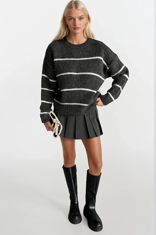 Black Fashion Pulover Negru Cu Dungi Croială Supradimensionată Îmbrăcăminte cu ridicata Casual