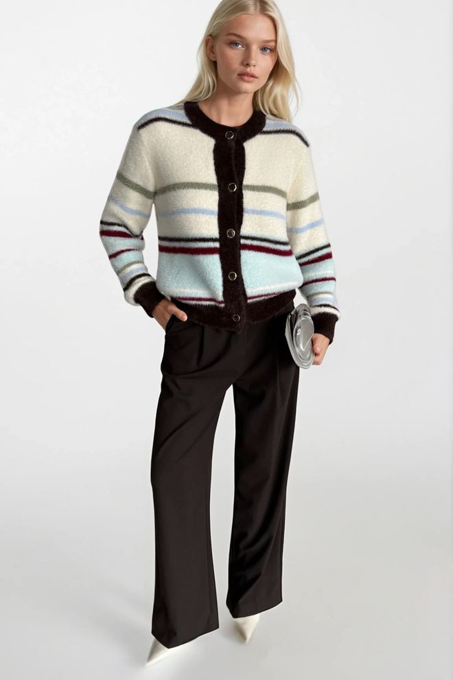 Black Fashion Раирана Жилетка С Плюшени Копчета Екрю Синя Дрехи на едро 0