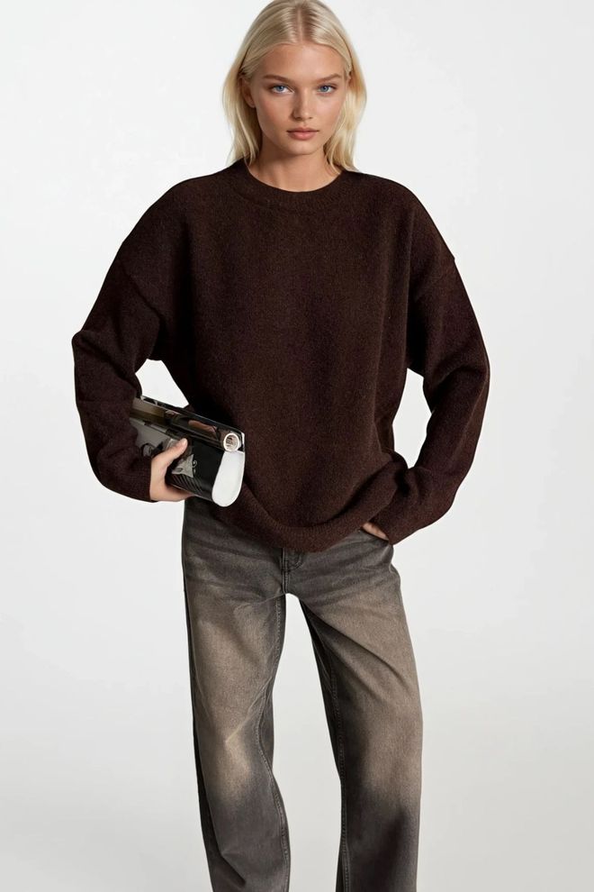 Black Fashion Rudas Megztinis Oversize Su Apvalia Iškirpte Didmeninė prekyba drabužiais Kokteilinė