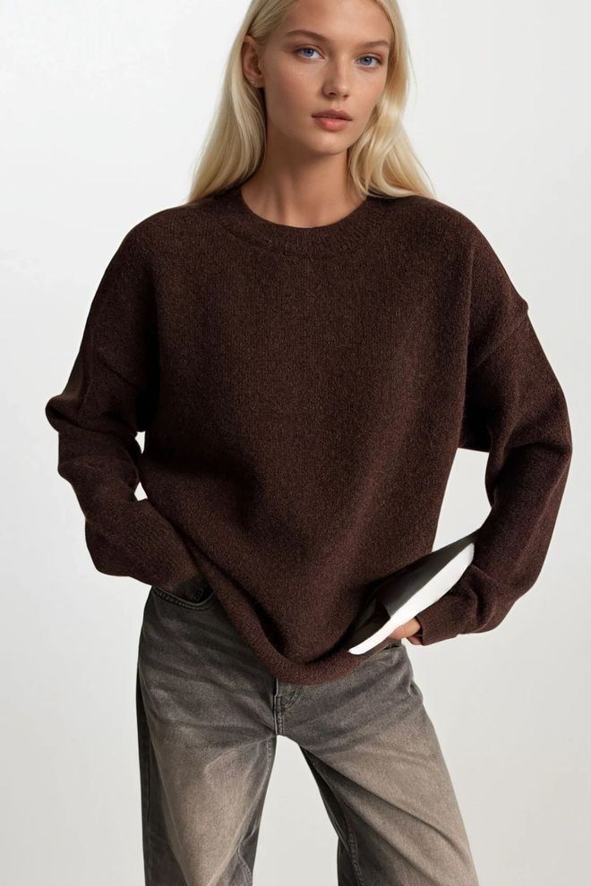Black Fashion Brown Sweater Oversized Fit With Round Neck Wholesale Clothing 1