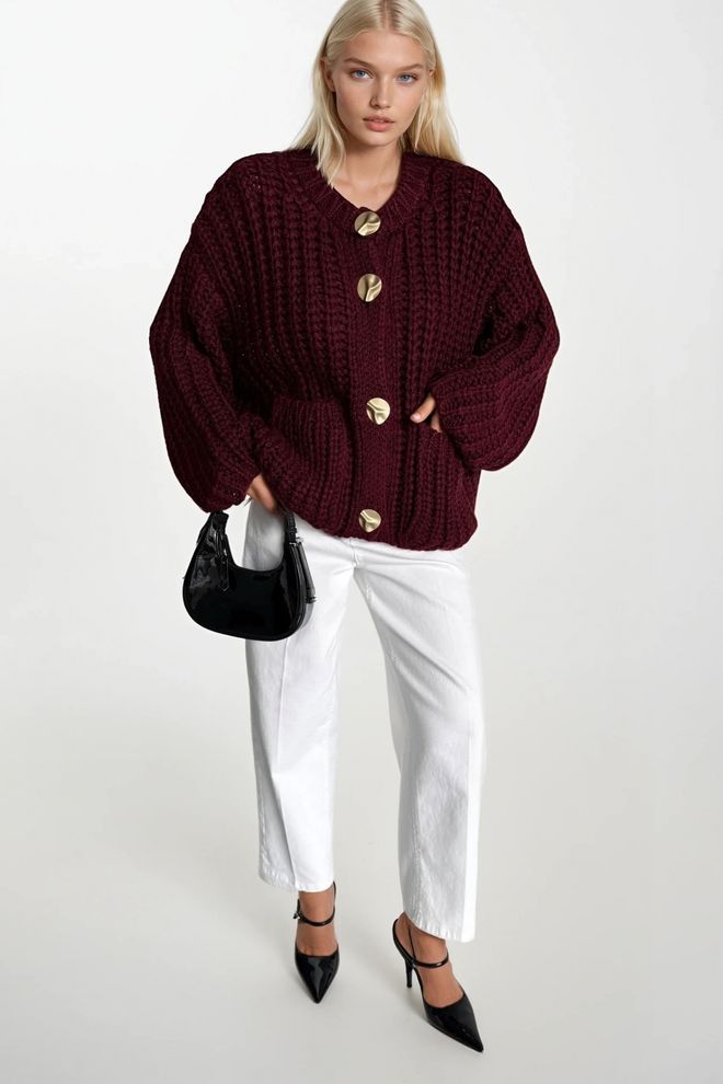 Black Fashion Claret Red Cardigan Oversized Buttoned Round Neck Wholesale Clothing 1