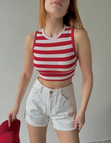 A wholesale clothing model wears  Round Neck Blouse
, Turkish wholesale Crop Top of CAPPITONE