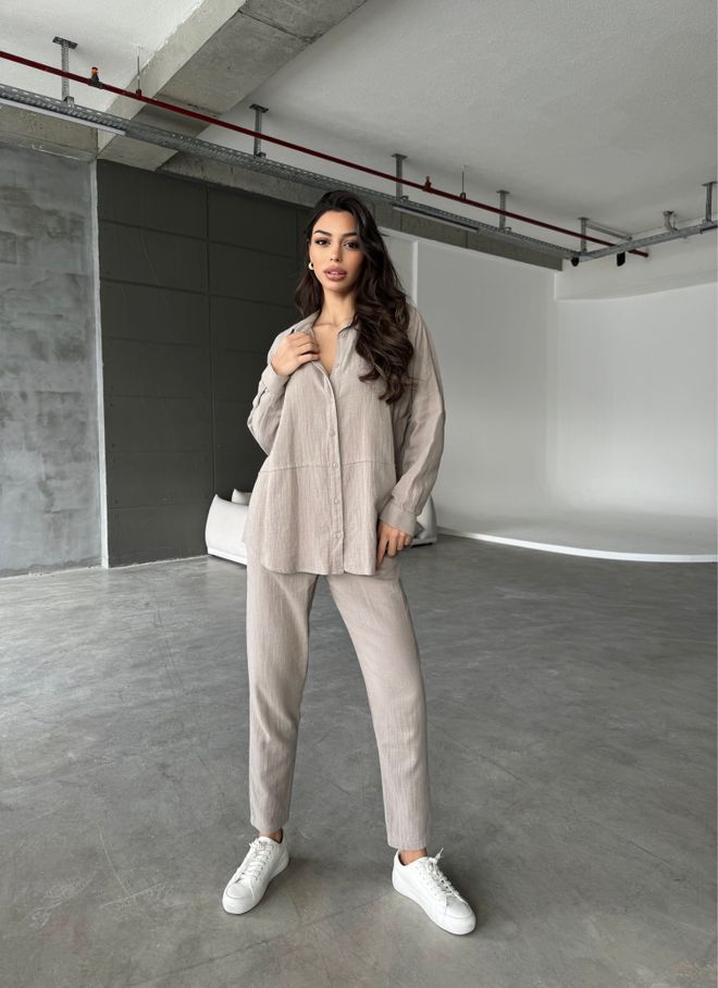 Cream Rouge Set Aus Leinenhemd Und Hose – Steinfarbe Großhandelskleidung Lässig