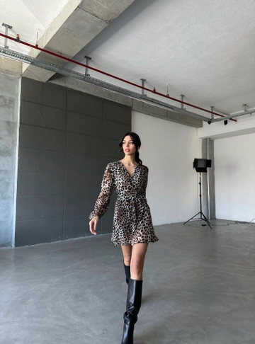 A wholesale clothing model wears  Mini Leopard Patterned Gathered Waist Dress - Black & Brown
, Turkish wholesale Dress of Cream Rouge