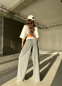 A wholesale clothing model wears cro11901-garnished-palazzo-trousers-gray, Turkish wholesale Pants of Cream Rouge