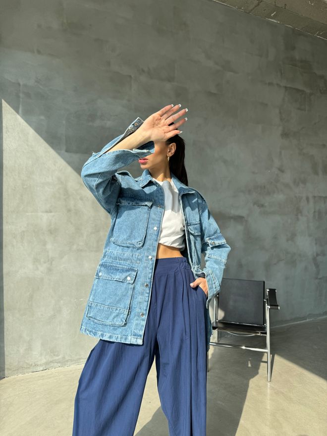 Cream Rouge جاكيت دينم متعدد الجيوب أزرق ملابس بالجملة عمل