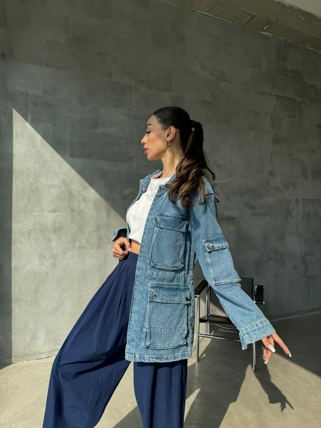 Cream Rouge جاكيت دينم متعدد الجيوب أزرق ملابس بالجملة قطن