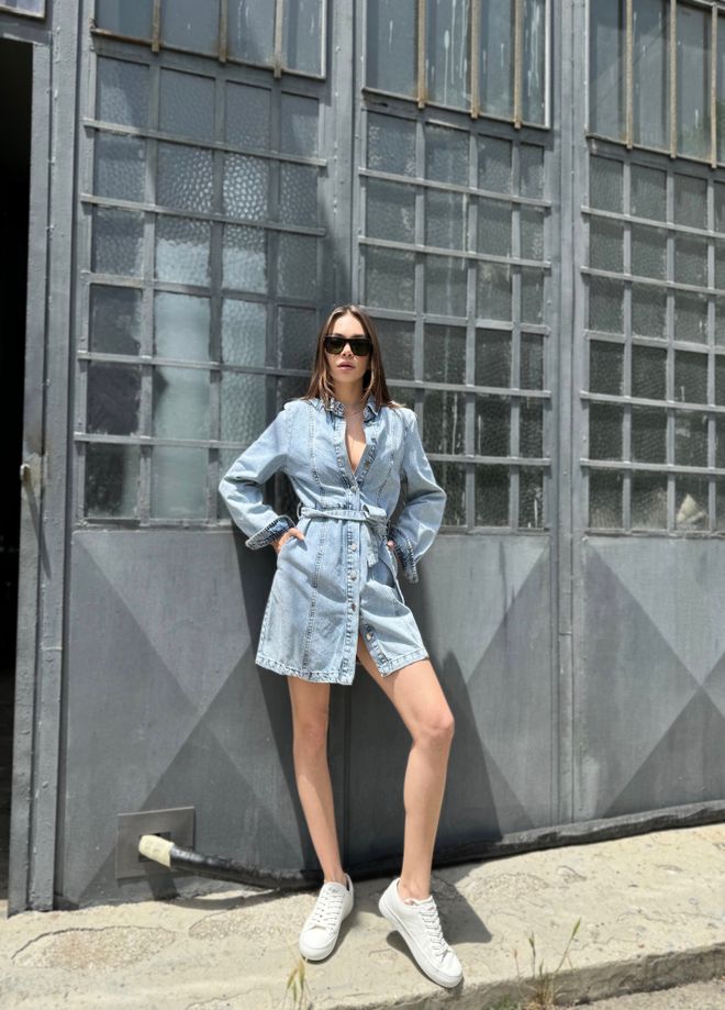 Cream Rouge Robe En Jean Avec Lien À Nouer Bleu Vêtements en gros Décontracté
