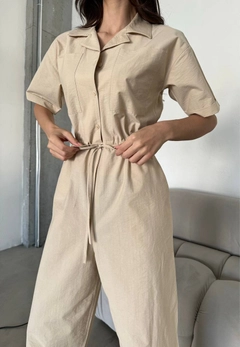 A wholesale clothing model wears cro12004-gathered-jumpsuit-at-waist-stone, Turkish wholesale Jumpsuit of Cream Rouge