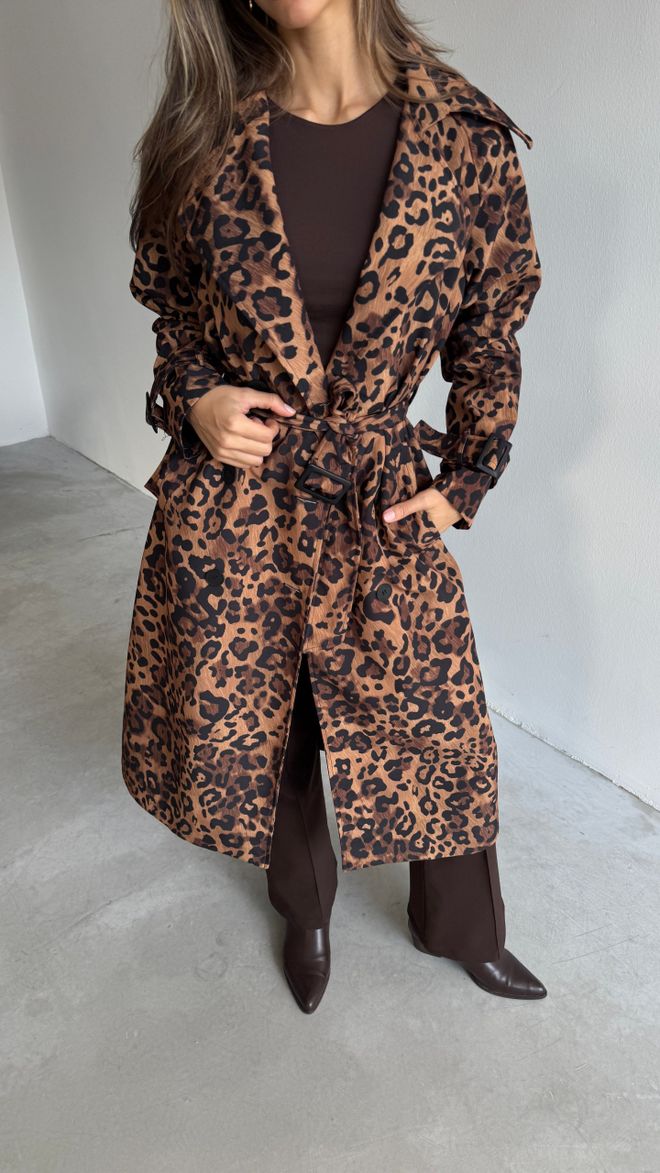 Cream Rouge Leopard Pattern Trench Coat Wholesale Clothing Polyester