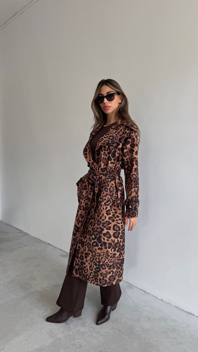 Cream Rouge Leopard Pattern Trench Coat Wholesale Clothing 2