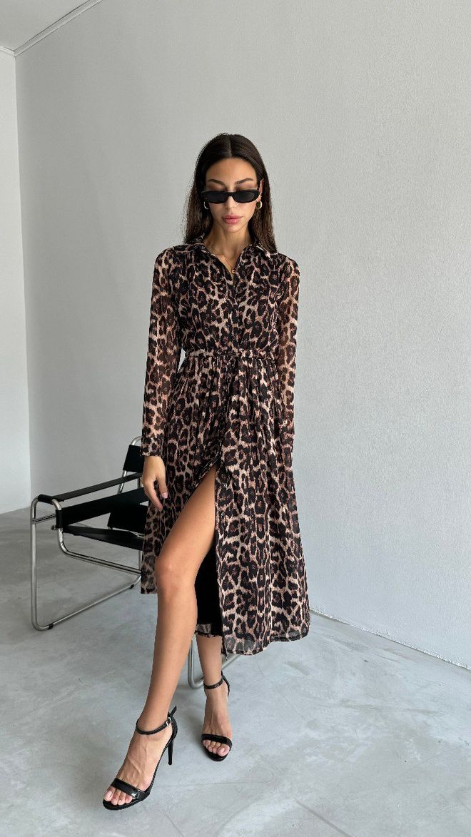 Cream Rouge Robe Chemise À Motif Léopard Marron Vêtements en gros Décontracté