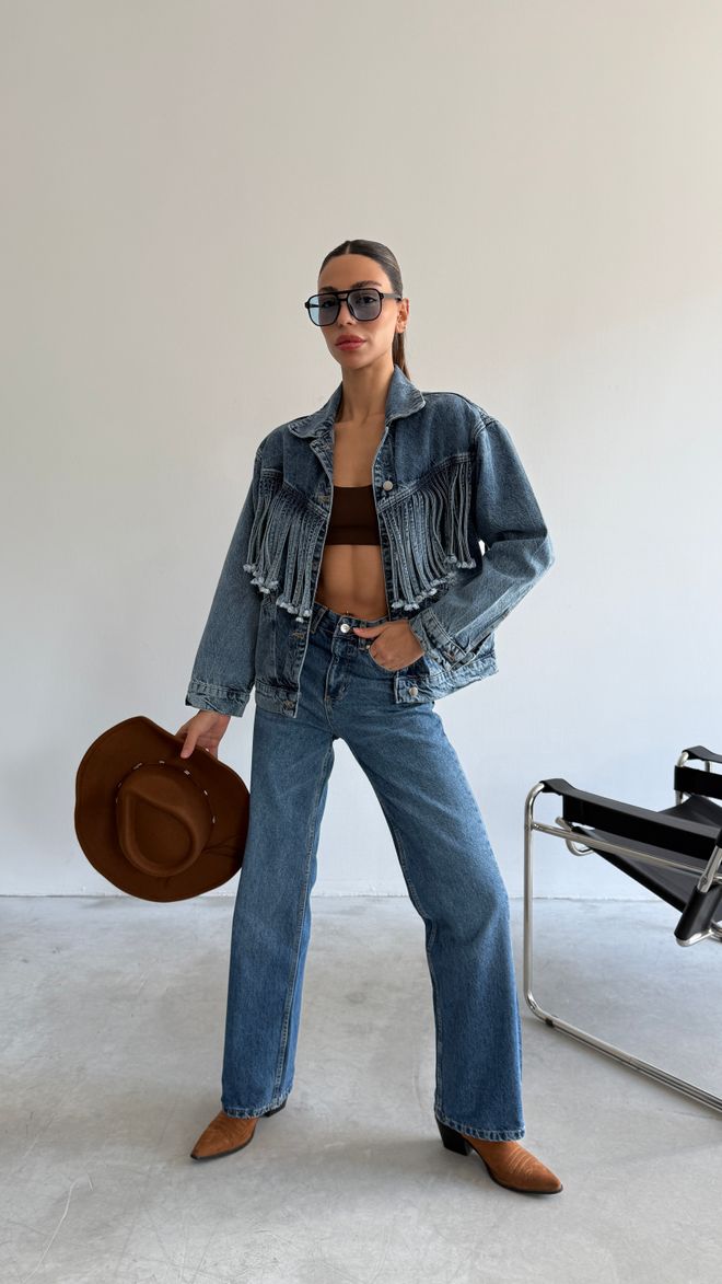 Cream Rouge Rope Detailed Denim Jacket Blue Wholesale Clothing Casual