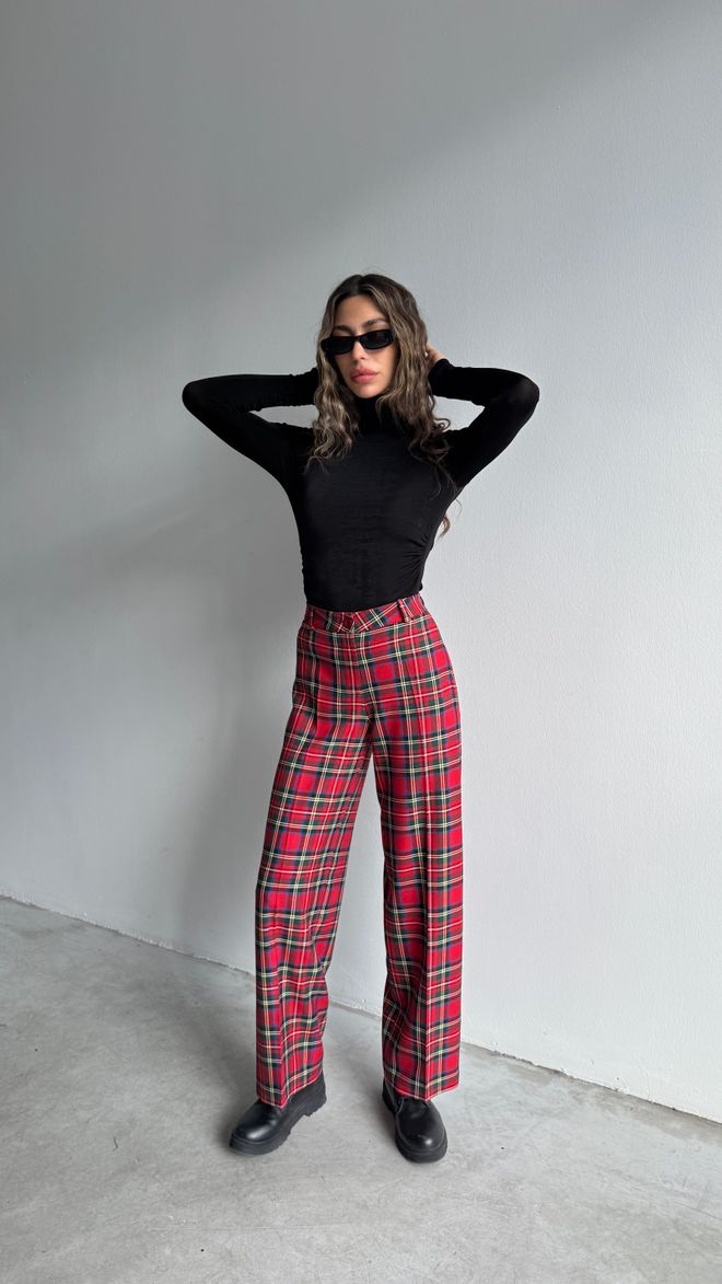 Cream Rouge Plaid Palazo Kelnės – Raudonos Didmeninė prekyba drabužiais Kokteilinė