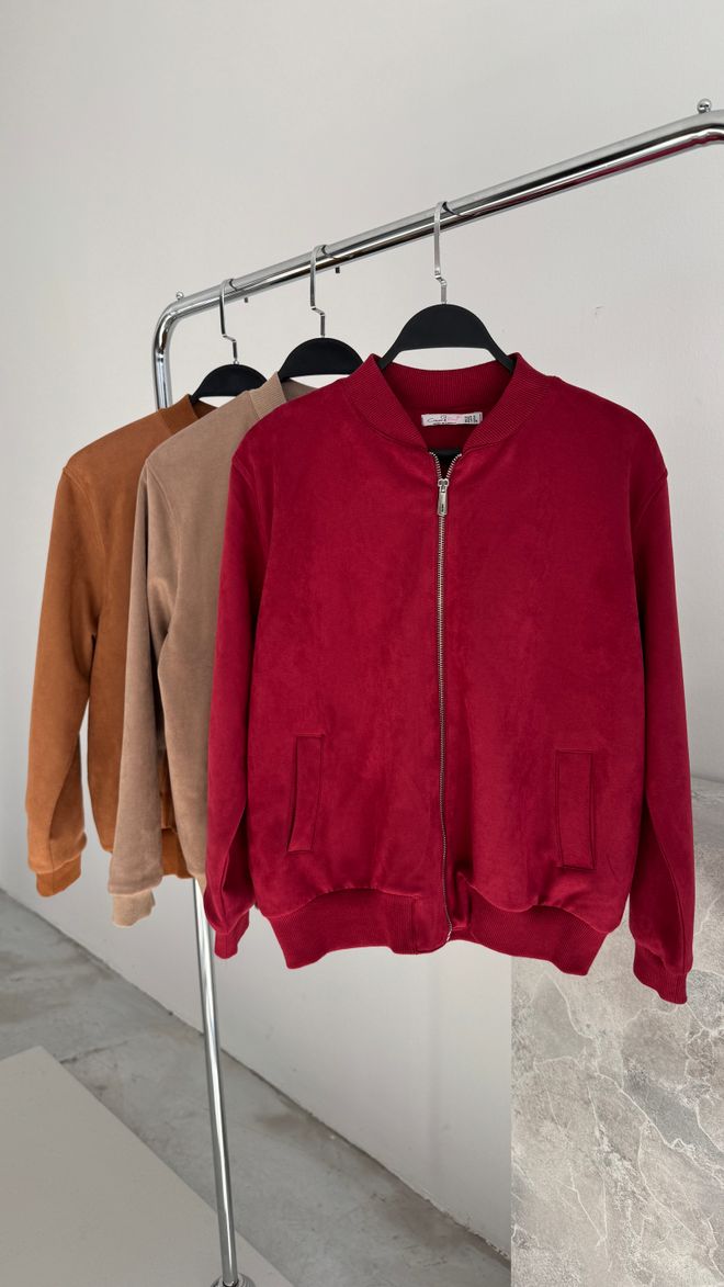 Cream Rouge Suede Bomber Jacket Claret Red Wholesale Clothing Casual