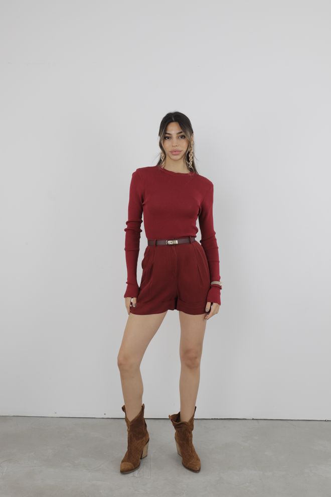 Cream Rouge Ribbed Tight Sweater Burgundy Wholesale Clothing Polyester