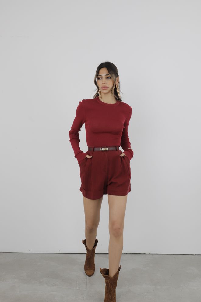 Cream Rouge Ribbed Tight Sweater Burgundy Wholesale Clothing Birthday