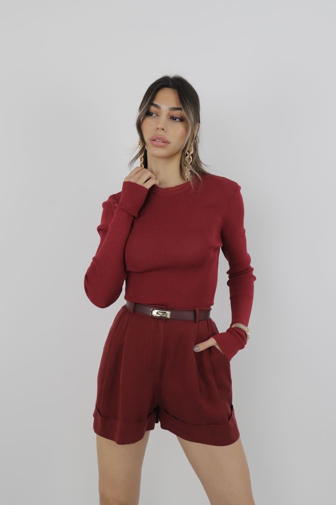 Cream Rouge Ribbed Tight Sweater Burgundy Wholesale Clothing 4