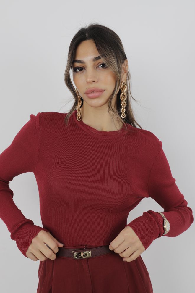 Cream Rouge Ribbed Tight Sweater Burgundy Wholesale Clothing Acrylic